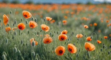 Obraz premium Vibrant Wild Poppies Blooming in a Lush Green Field Under Clear Blue Sky with Ample Space for Overlay Text