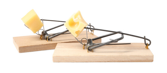 Two spring-loaded bar mousetraps with pieces of cheese isolated on white