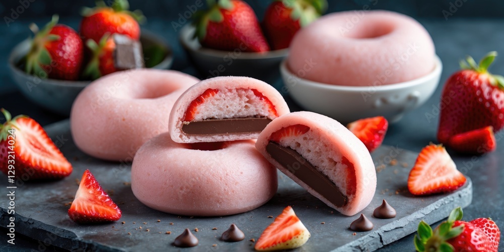 Poster homemade strawberry mochi with chocolate filling and fresh strawberries on a slate board with empty 