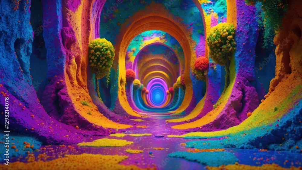 Poster vibrant surreal corridor with colorful textured walls and whimsical elements creating a dreamlike an