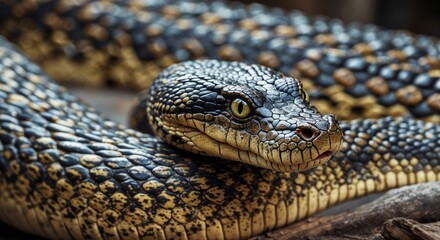 Obraz premium Close-up of vibrant reptile skin texture showcasing intricate patterns of a snake with detailed scales and striking coloration.