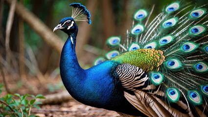 Vibrant male peacock displaying stunning plumage in lush rainforest of Yala West National Park, Sri Lanka showcasing nature's beauty.