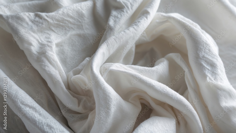 Poster close-up of crumpled white fabric showcasing intricate textures and soft folds, ideal for design or 