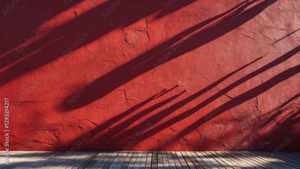 Poster red textured wall casting intricate shadows on wooden floor creating a vibrant and artistic visual b