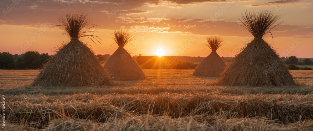 Poster golden sunset over haystacks in open field with dramatic sky and space for text overlay