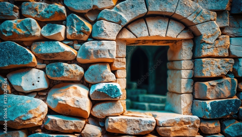 Poster ancient stone wall with large stones showcasing a textured background and a window framing a glimpse