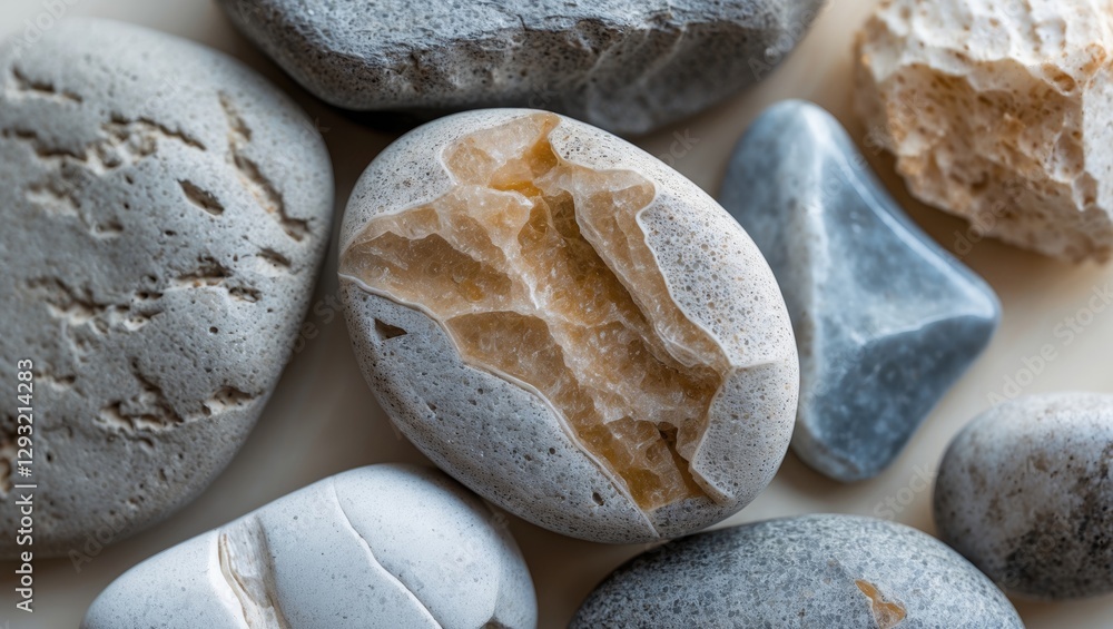 Poster close-up of various textured stones arranged on a light surface showcasing natural colors and patter