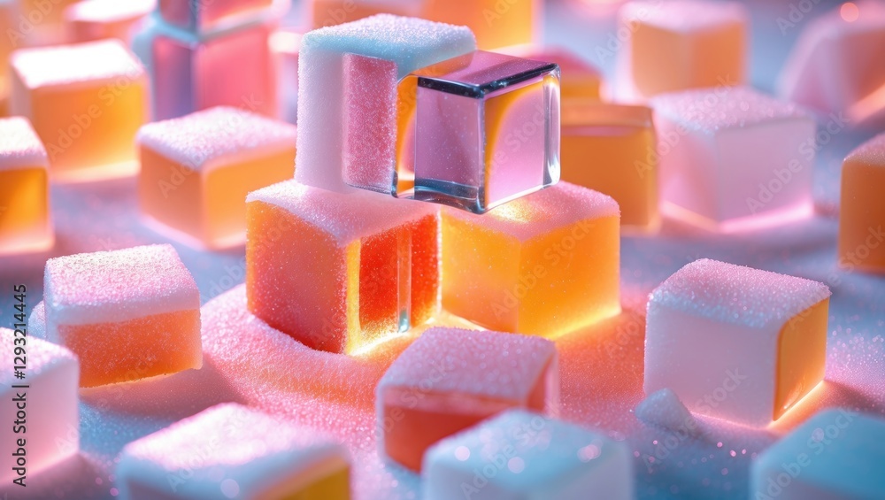Poster colorful illuminated sugar cubes with a soft white background creating a visually appealing sweet-th
