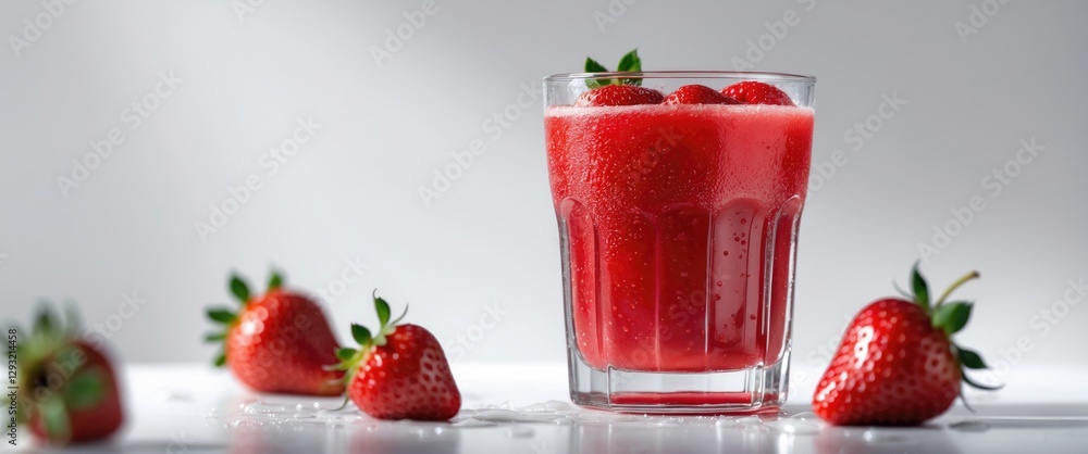 Poster refreshing strawberry juice in glass with fresh berries and space for text or design elements