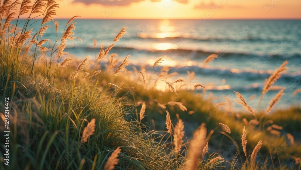 Poster wild grasses by the sea at sunset with shallow depth of field and soft waves creating a serene natur