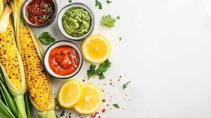 Fresh Ingredients for Summer Cuisine with Corn, Sauces, Lemon, and Herbs on a Light Background