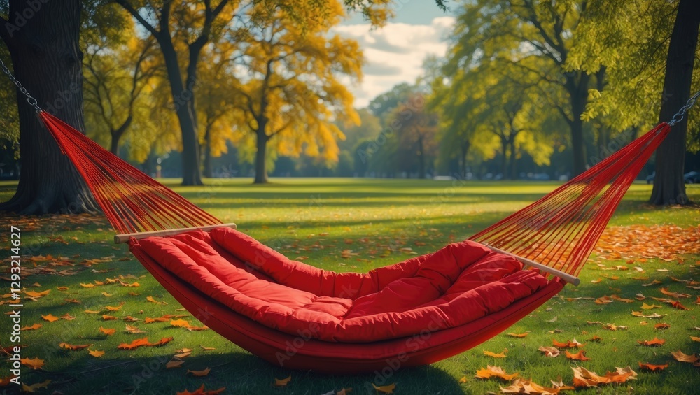 Poster cozy red hammock in autumn park surrounded by vibrant leaves and tranquil greenery with space for yo