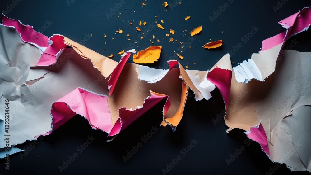 Poster colorful ripped and torn paper edges with colorful fragments on a dark background showcasing texture