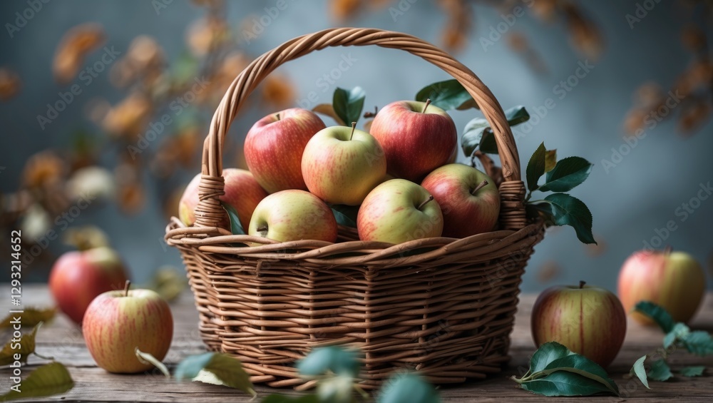 Poster wicker basket filled with fresh apples surrounded by leaves creating a cozy autumn harvest atmospher