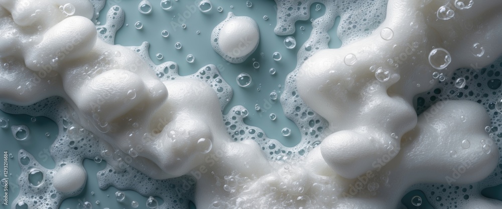 Poster abstract close-up of white foam and bubbles on a blue surface creating a serene and artistic backgro
