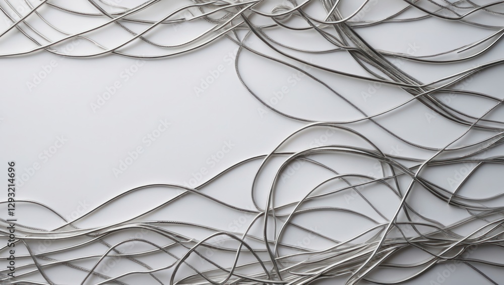 Poster abstract composition of intertwined metal threads on a minimalistic white background highlighting te