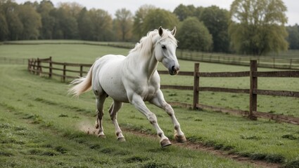 Elegant white horse galloping across lush green pasture with wooden fences, capturing the beauty of nature and rural life.