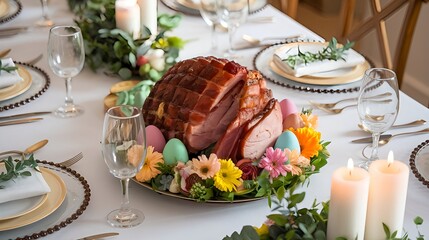 Easter dish, baked Easter ham, on a beautifully set Easter table. 