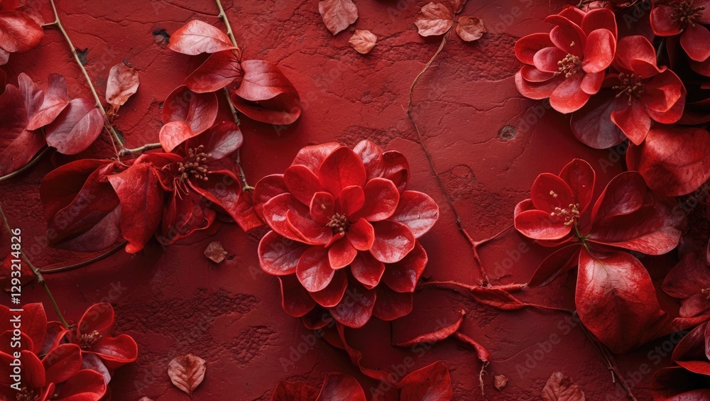 Poster vibrant red floral texture with intricate flowers and leaves creating a rich and elegant backdrop su