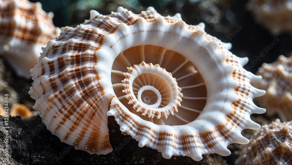 Poster tropical marine seashell close-up with spiral design displaying natural texture and patterns against