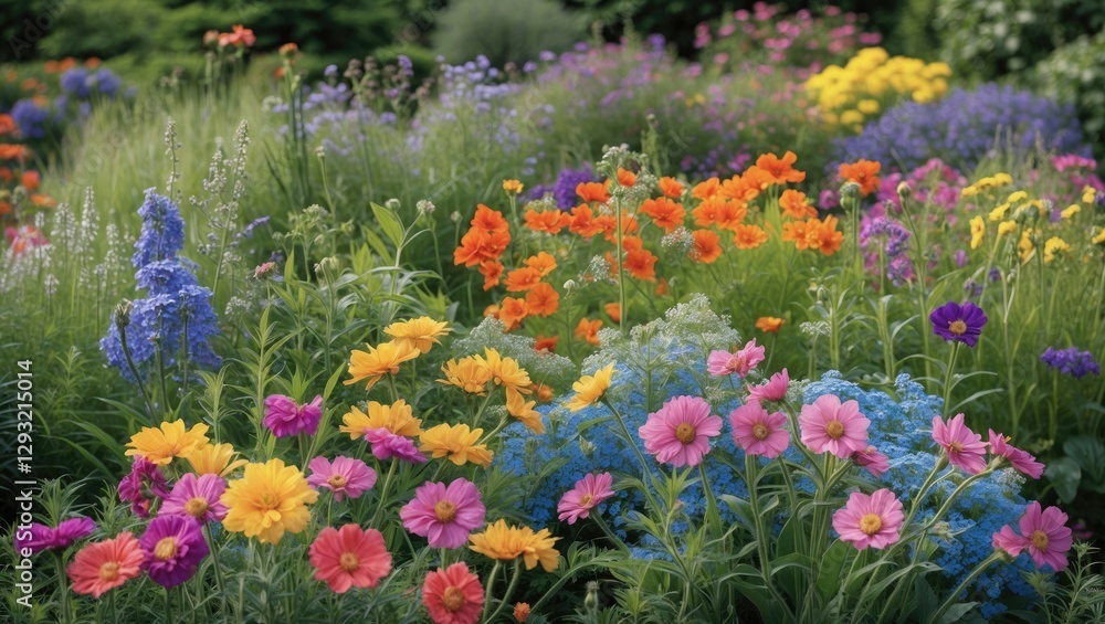 Poster vibrant summer flowers in a lush botanic garden setting with colorful blossoms and ample empty space