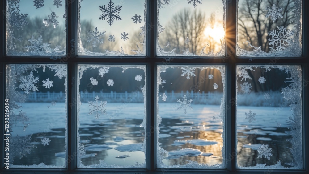 Poster frosted windowpane with snowflake patterns and winter landscape at sunset reflecting on frozen water