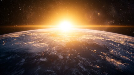 Sunrise over earth seen from space with glowing horizon, star-filled sky. Cosmic wonder and celestial beauty concept