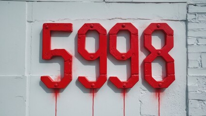 Bold red spray-painted numbers 5998 on a textured white wall with drips creating a striking urban art feel.