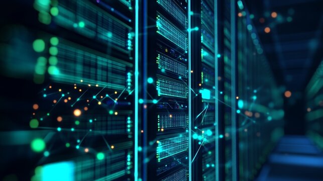 Glowing power grid nodes with a data center backdrop, symbolizing sustainable energy innovation.