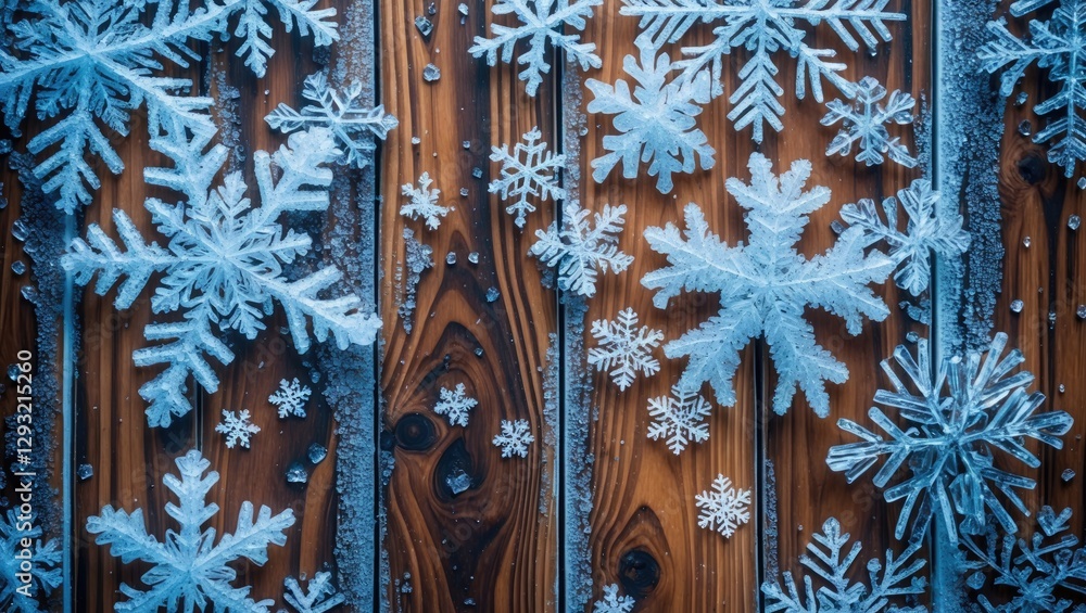 Poster winter wooden background adorned with snowflakes and hoarfrost showcasing intricate ice patterns on 
