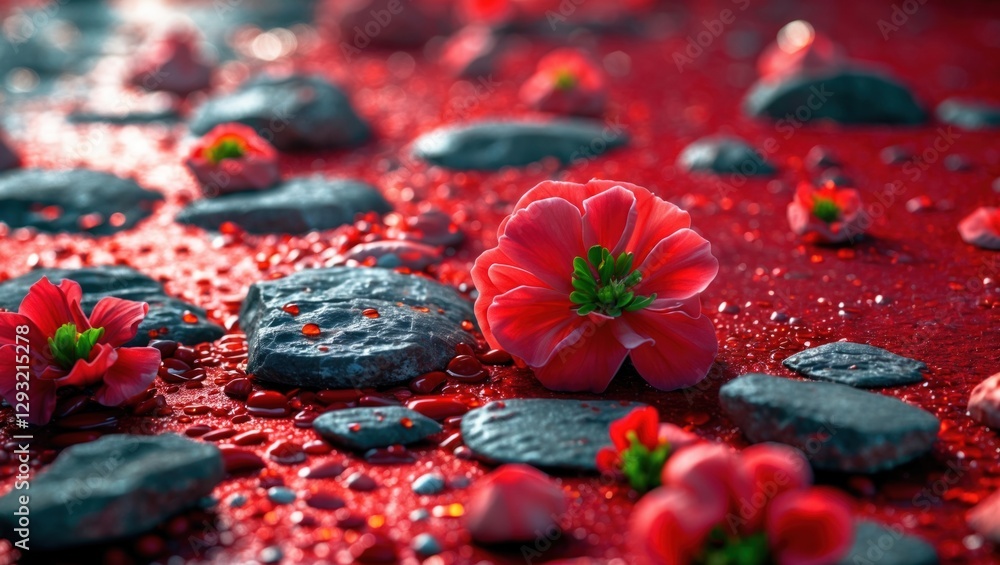 Poster vibrant red stone surface adorned with blooming flowers and droplets creating a captivating natural 