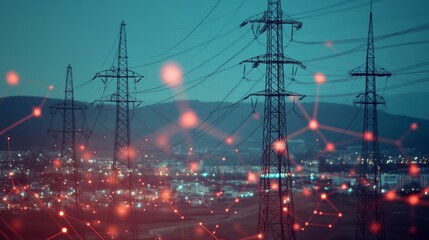 Glowing power grid nodes with a data center backdrop, symbolizing sustainable energy innovation.