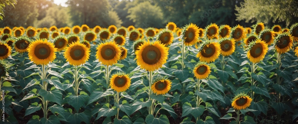 Poster sunflower field in vibrant garden landscape with ample space for custom text or branding