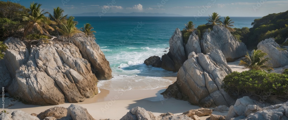 Poster secluded rocky cove with palm trees and scenic ocean view ideal for text addition
