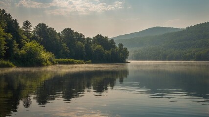 Tranquil Summer Morning Reflections on Serene Lake Surrounded by Lush Greenery and Misty Mountains in the Background