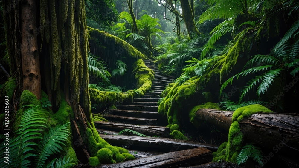 Poster lush green moss and fern covered pathway through dense rainforest creating an inviting wilderness ad