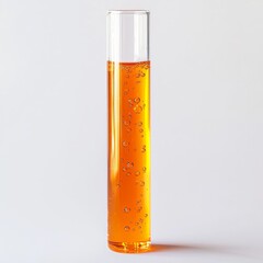 a transparent glass test tube filled with an orange liquid