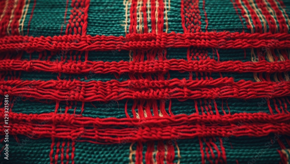 Poster red woven tweed fabric texture closeup showcasing intricate matting patterns and vibrant color combi