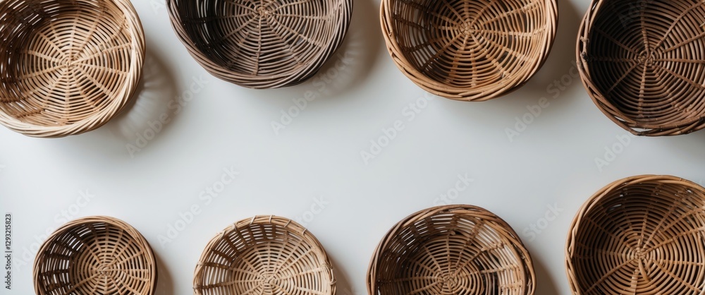 Poster wicker baskets arranged artistically on white background with minimalist copy space for text or bran