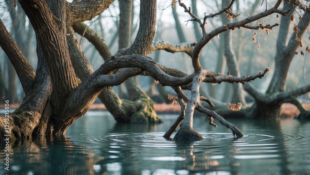 Poster serene lake scene with tree branches reaching towards calm water creating a tranquil natural landsca