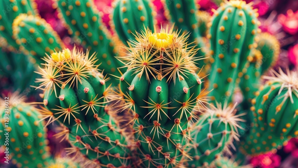 Poster vibrant green cactus with sharp spikes against a colorful background ideal for nature and text overl