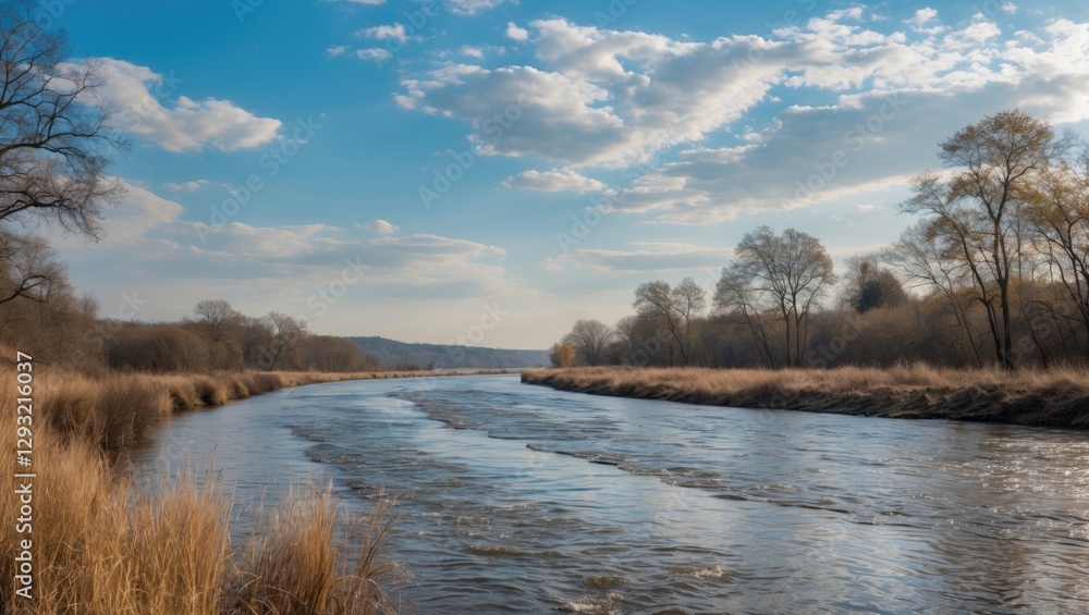 Aufkleber serene river landscape under blue sky with soft clouds and empty space for text in nature background