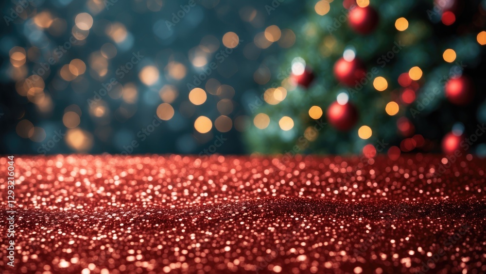 Poster red glitter bokeh texture on festive background with christmas tree lights creating a sparkling holi