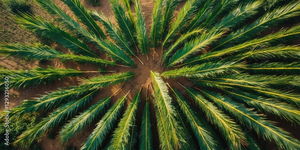 Poster aerial view of lush sugar cane fields with green palms and circular layout for agricultural backgrou