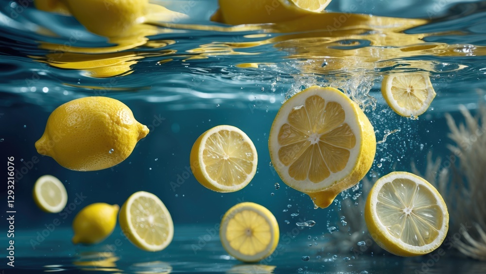 Poster lemons sinking in water with fresh halves and slices creating a refreshing underwater visual aesthet