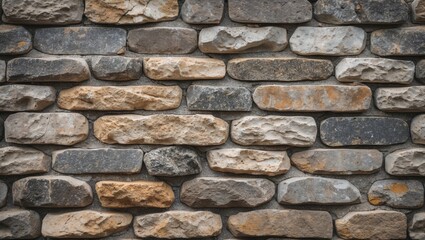 Fototapeta premium Rustic stone wall background texture with varying hues and surfaces ideal for design, architecture, and historical themes.