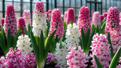 Fototapeta premium Spring hyacinth flowers in a greenhouse with vibrant pink and white blooms, showcasing a colorful, abstract floral display under sunlight.