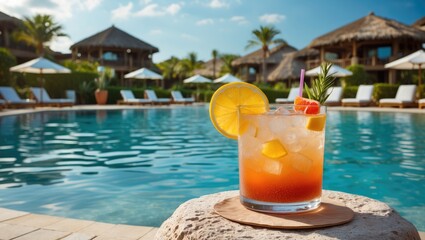 Cocktail Delight by the Poolside in a Tropical Resort Setting with Refreshing Summer Vibes and Space for Text