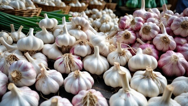 Fresh garlic varieties displayed at a market showcasing white and pink garlic heads with husks in a vintage style photograph.