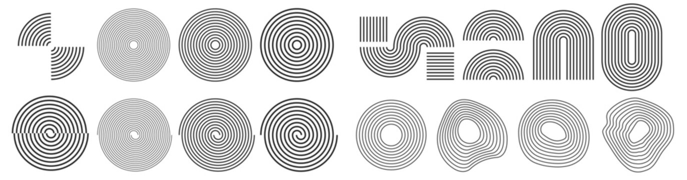 Fototapeta Abstract lines strokes stripes retro graphic design elements collection vector in minimalist simple boho decoration style, geometric symmetric shapes, handdrawn doodle circular spirals clip art set